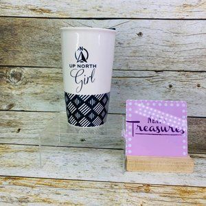 Mary Square UP NORTH GIRL Ceramic 16 oz Coffee Tea Lidded Travel Tumbler Mug Cup